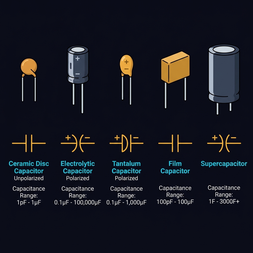 Different types of capacitors and their symbols