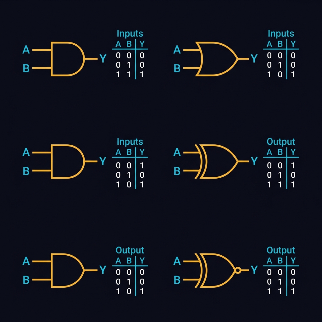 Logic gates symbols with truth tables - AND, OR, NOT, NAND, NOR, XOR