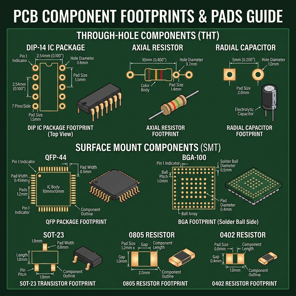 PCB component footprints through-hole and SMD