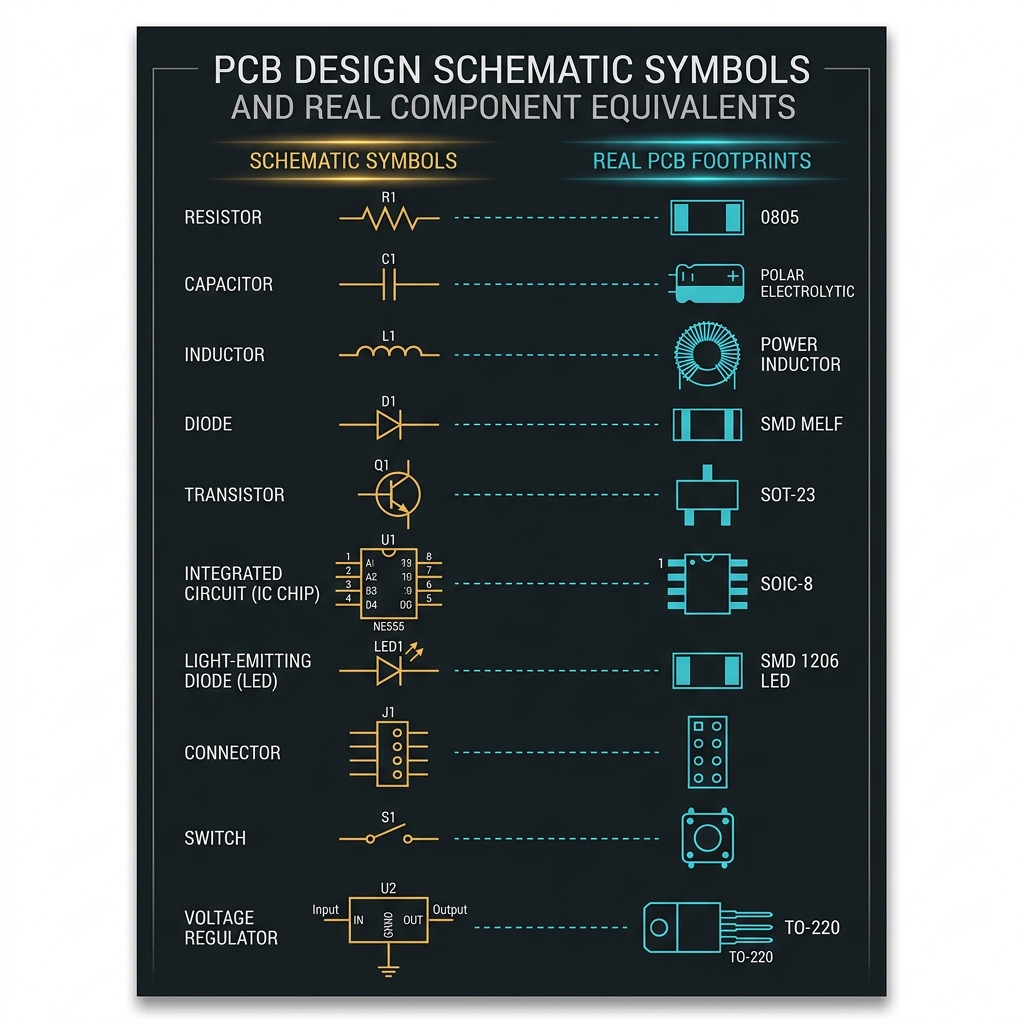 Schematic symbols mapped to PCB footprints