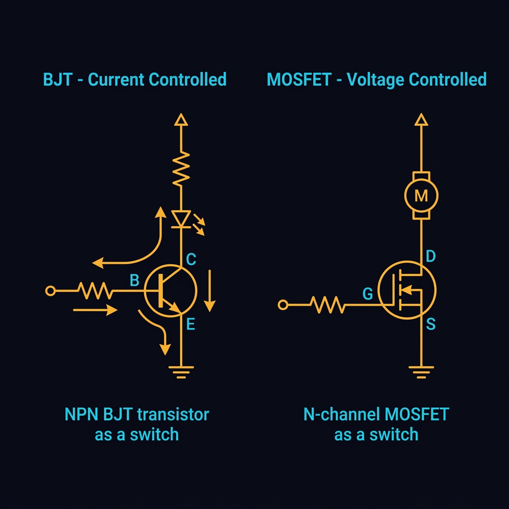 BJT and MOSFET transistor switching circuits comparison